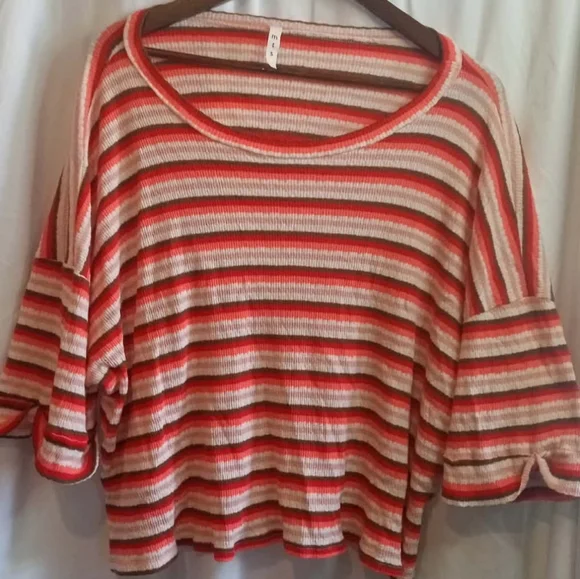 MTS Large Striped Scoop-Neck Knit Shirt Coral Cream Soft Retro 70s 80s Cuff Cozy - Picture 3 of 6